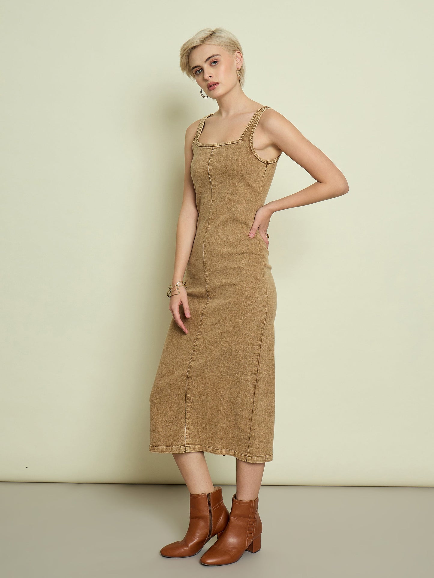 Women Beige Washed Denim Strappy Midi Dress