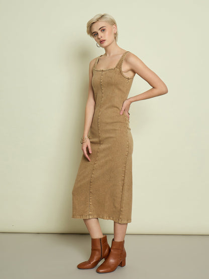 Women Beige Washed Denim Strappy Midi Dress