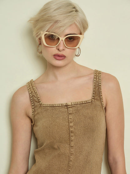 Women Beige Washed Denim Strappy Midi Dress