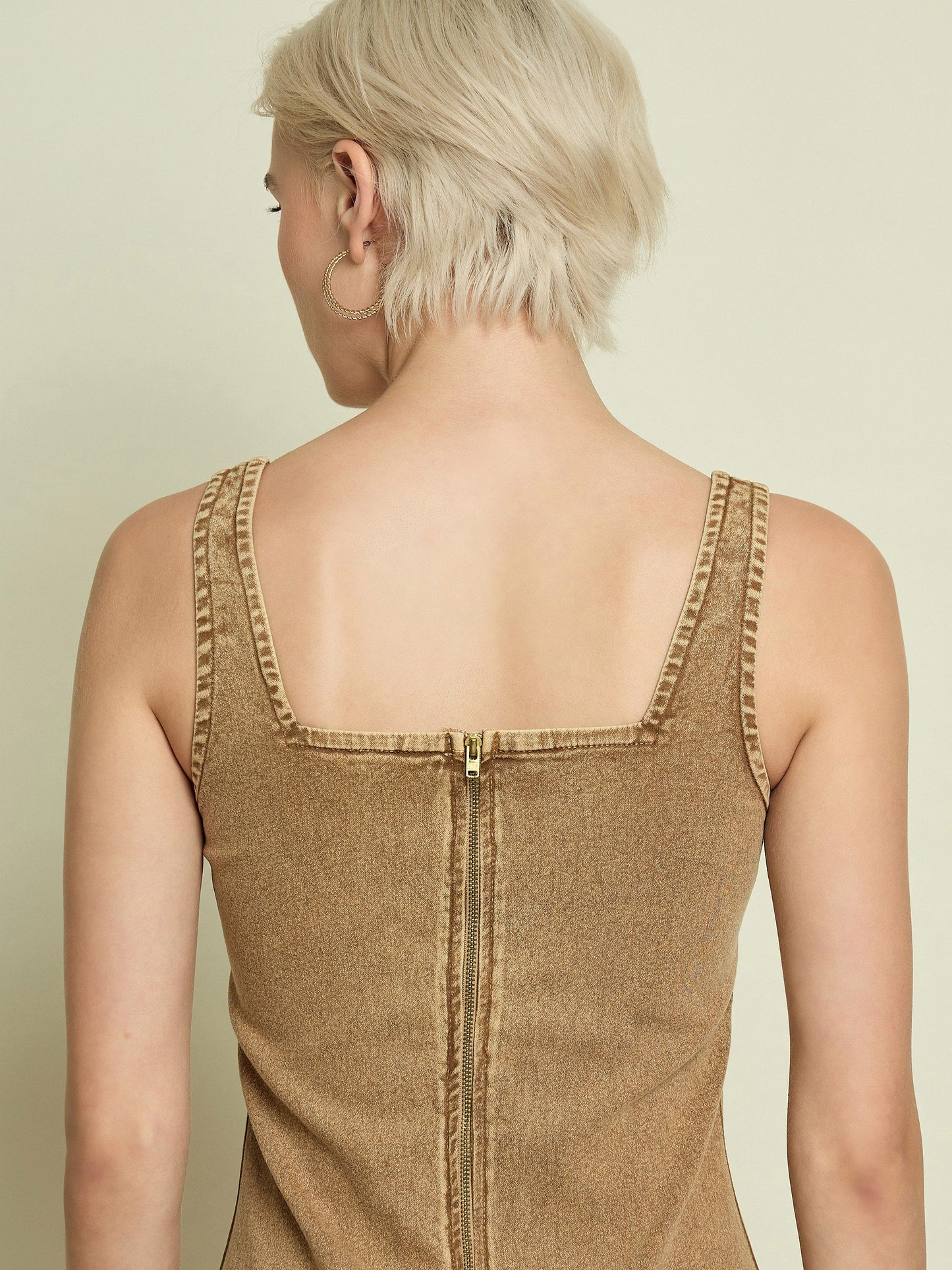 Women Beige Washed Denim Strappy Midi Dress