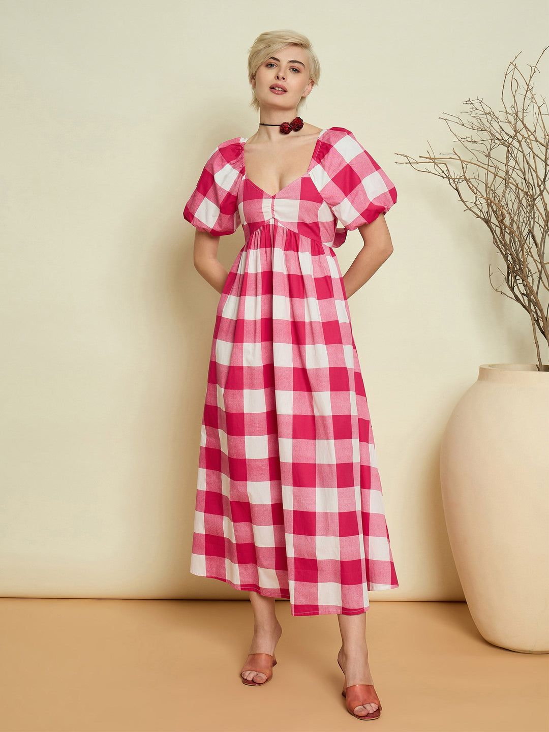 Women Pink Big Check Back Tie Knot Midi Dress