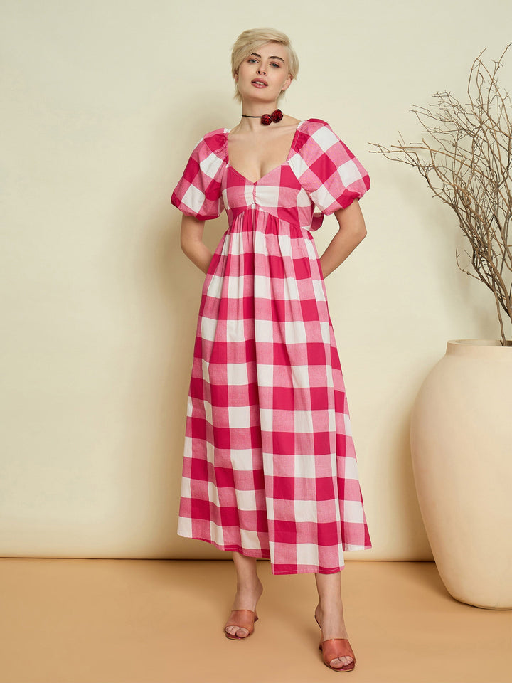 Women Pink Big Check Back Tie Knot Midi Dress