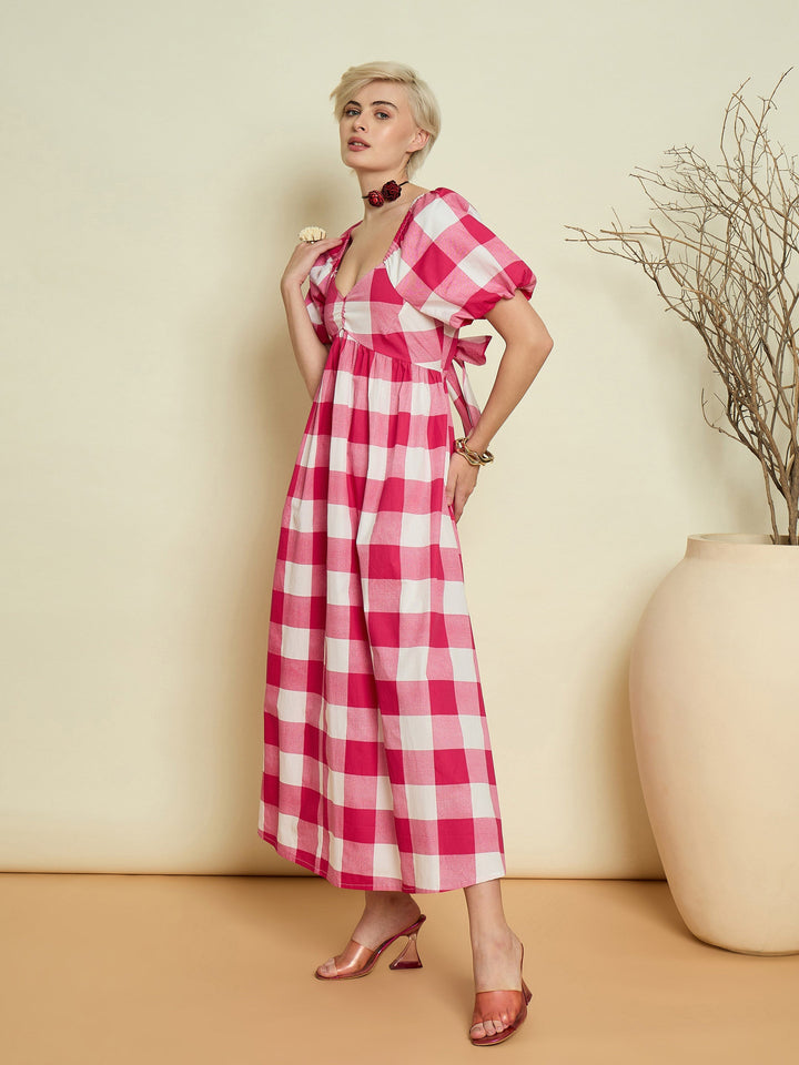 Women Pink Big Check Back Tie Knot Midi Dress