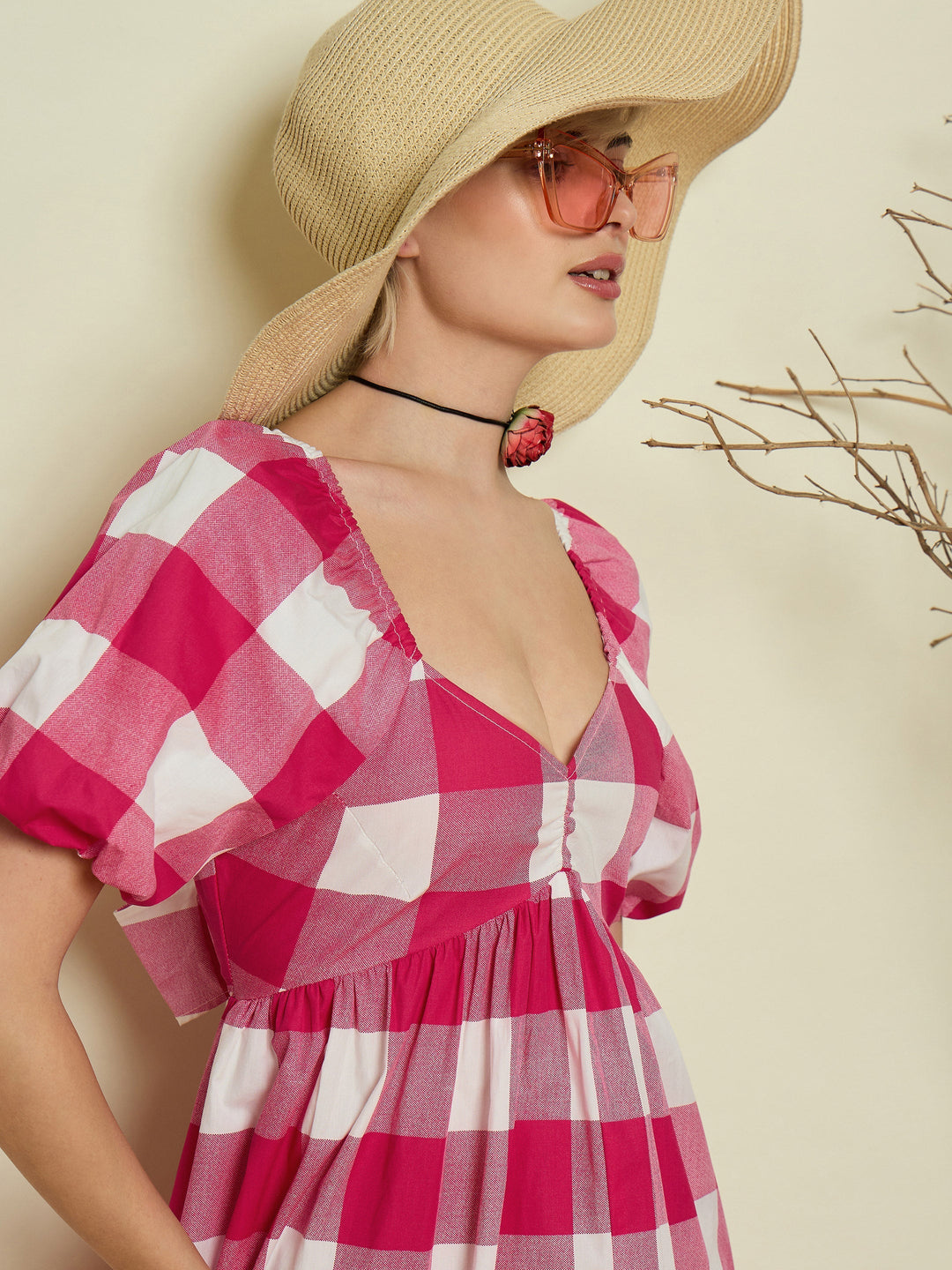 Women Pink Big Check Back Tie Knot Midi Dress