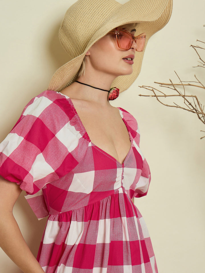 Women Pink Big Check Back Tie Knot Midi Dress