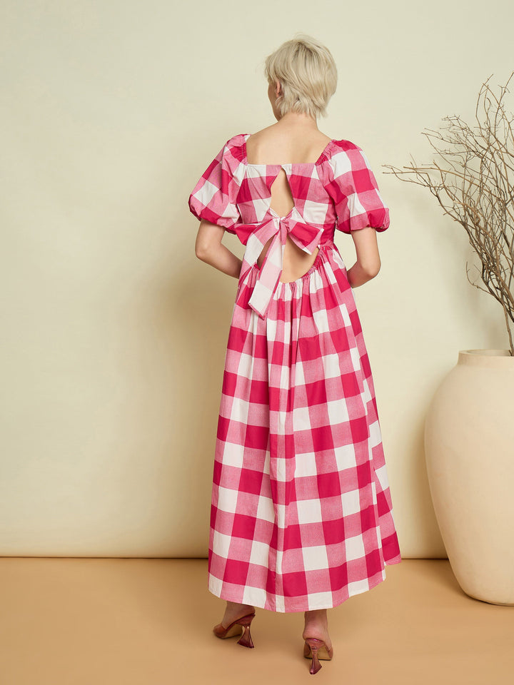 Women Pink Big Check Back Tie Knot Midi Dress