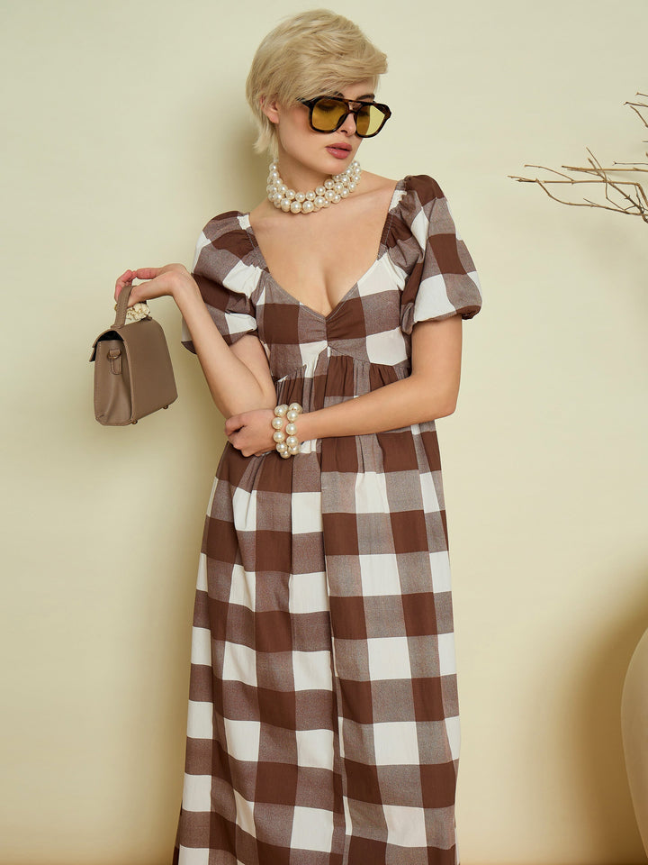 Women Brown Big Check Back Tie Knot Midi Dress