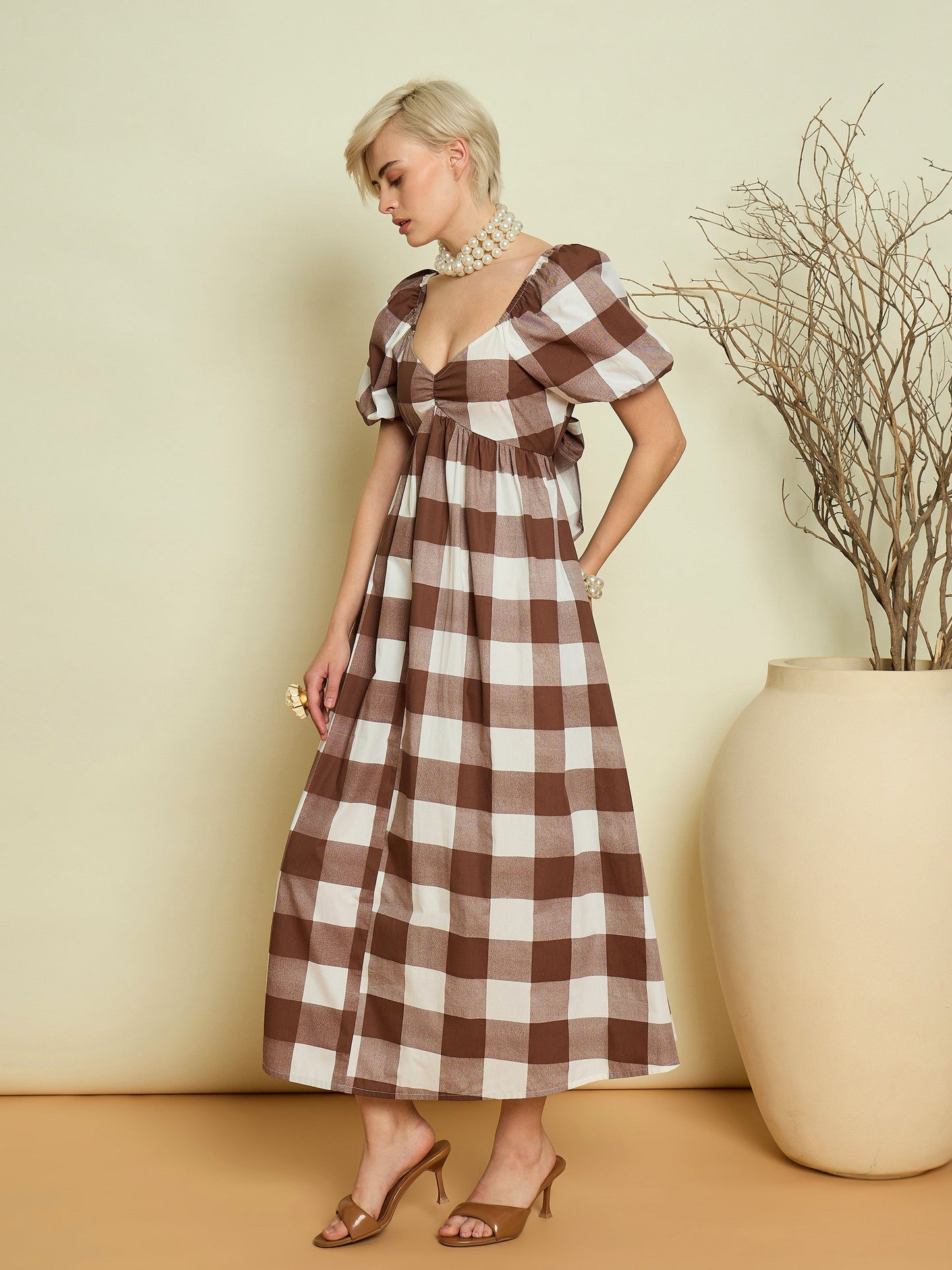 Women Brown Big Check Back Tie Knot Midi Dress