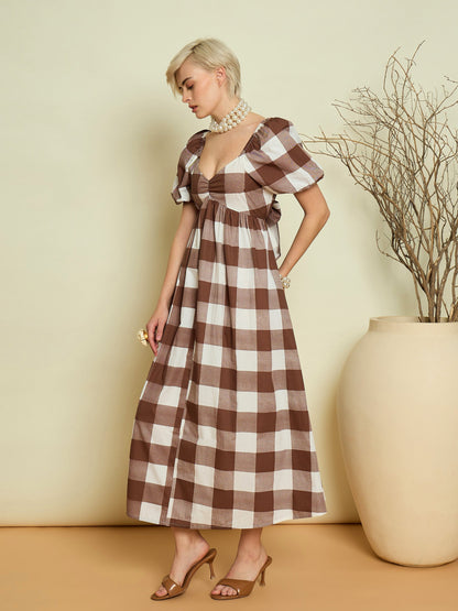 Women Brown Big Check Back Tie Knot Midi Dress