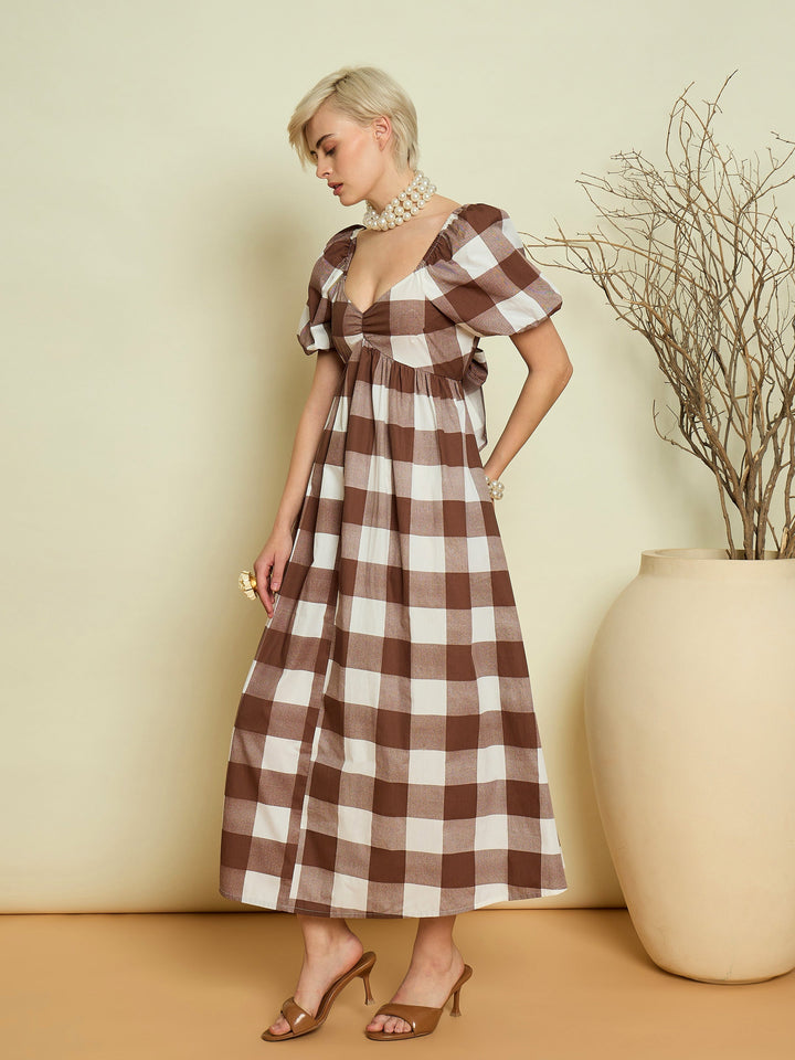 Women Brown Big Check Back Tie Knot Midi Dress
