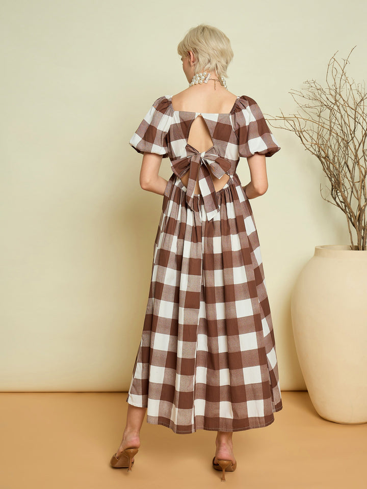 Women Brown Big Check Back Tie Knot Midi Dress