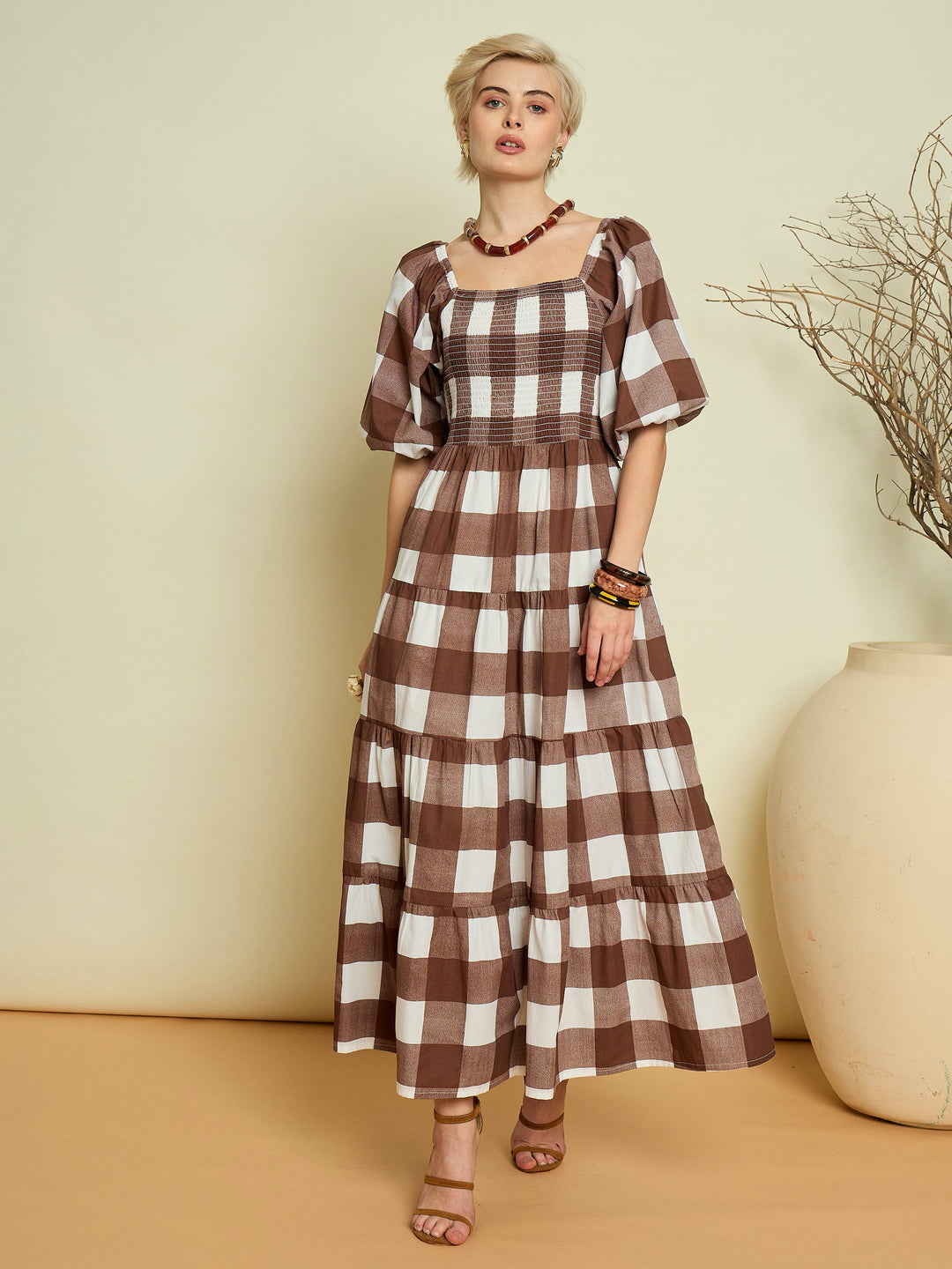 Women Brown Big Check Smoking Tired Maxi Dress