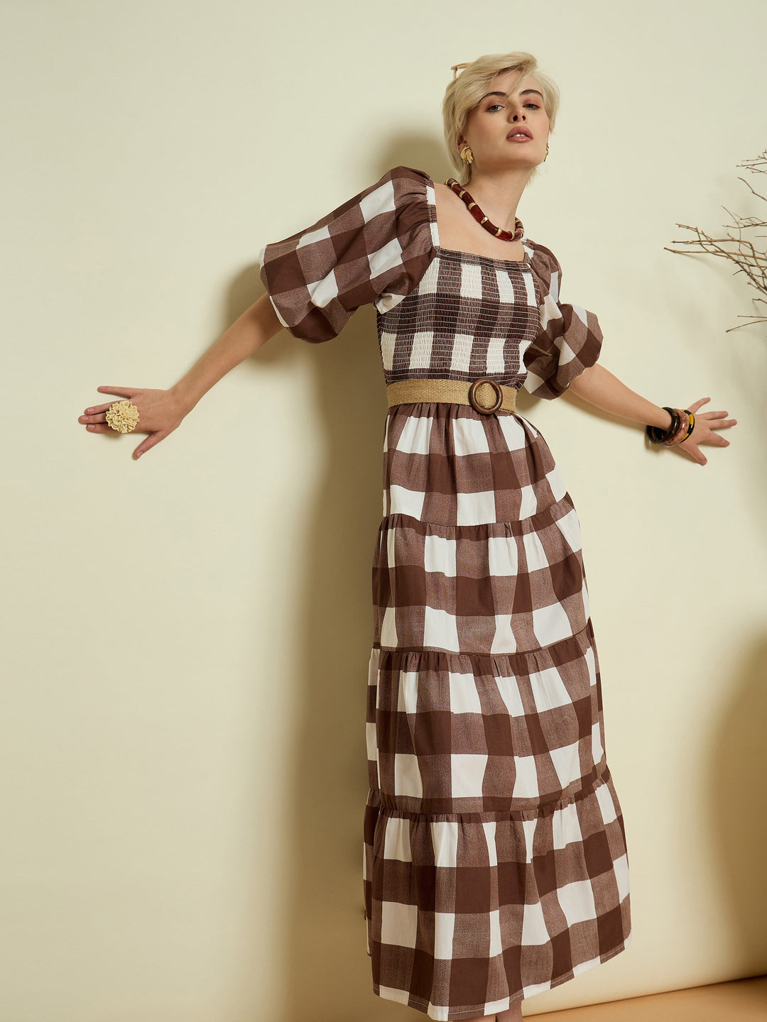 Women Brown Big Check Smoking Tired Maxi Dress