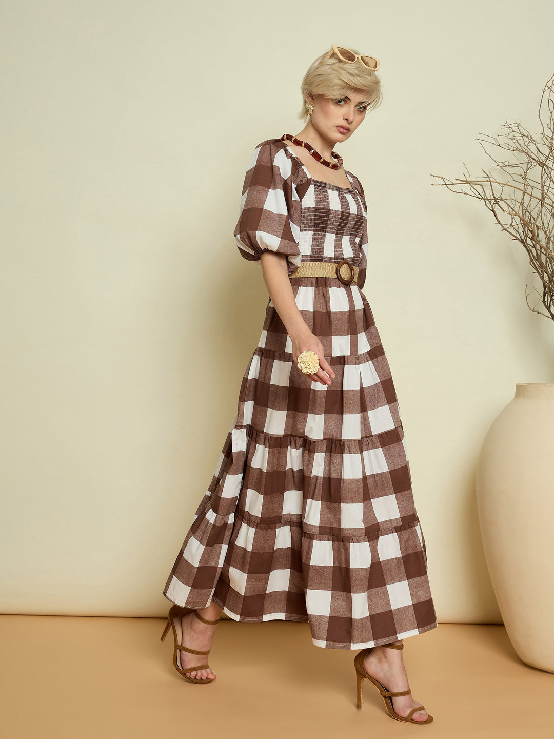 Women Brown Big Check Smoking Tired Maxi Dress