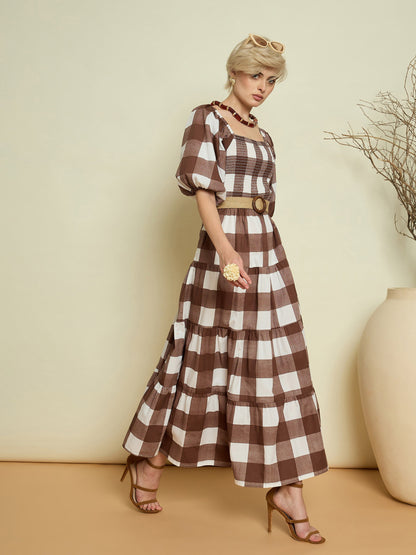 Women Brown Big Check Smoking Tired Maxi Dress