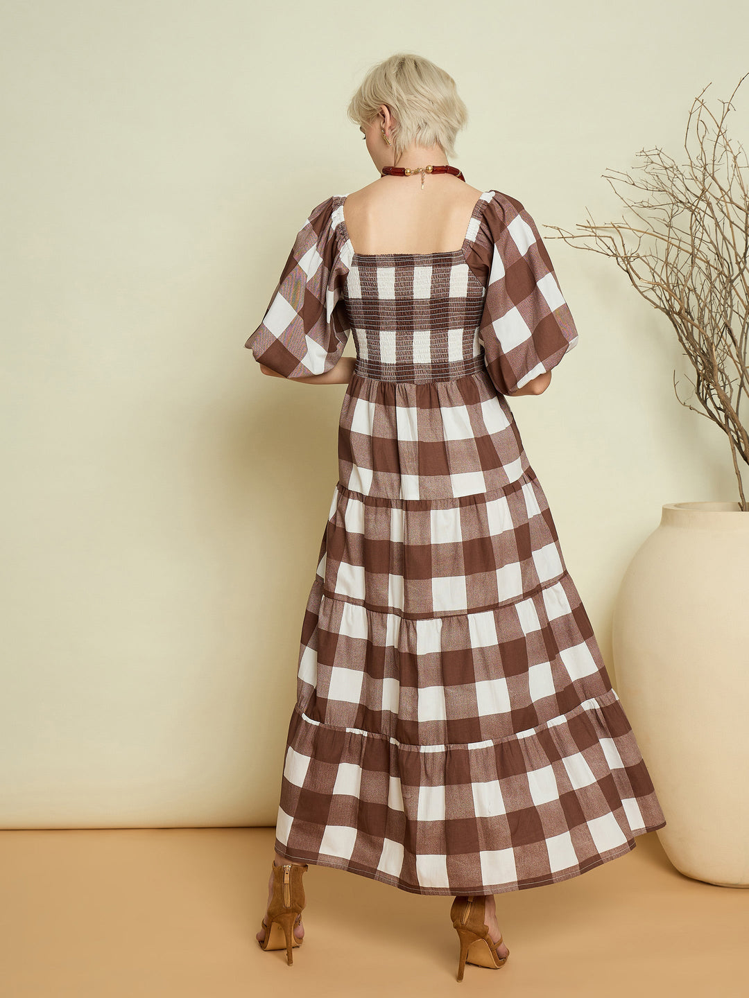 Women Brown Big Check Smoking Tired Maxi Dress