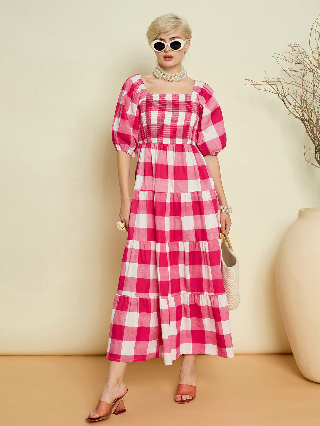 Women Pink Big Check Smoking Tired Maxi Dress