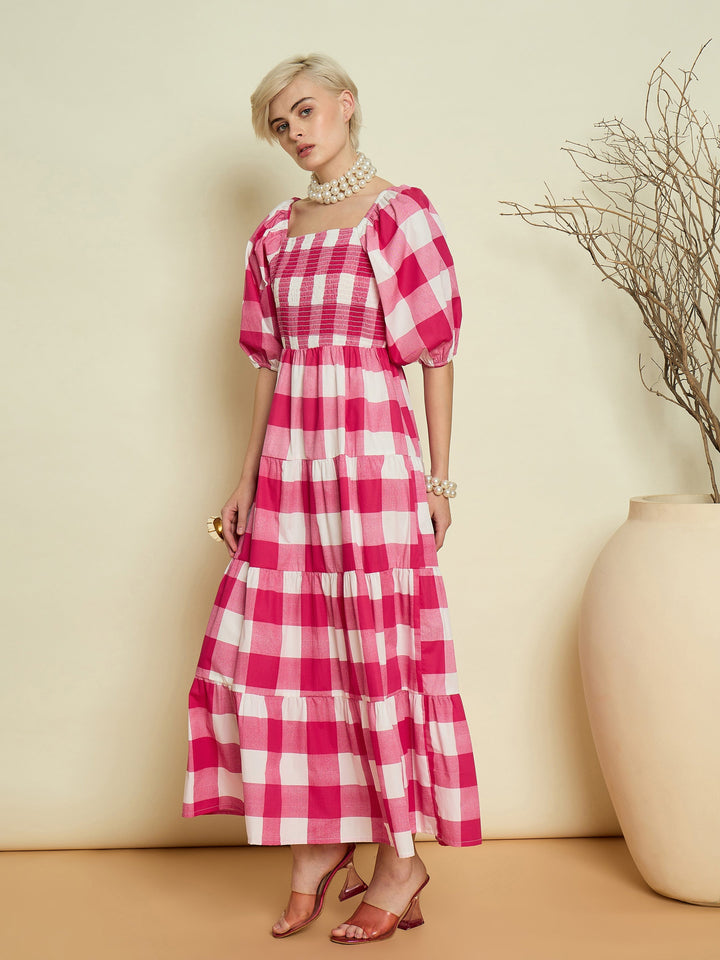 Women Pink Big Check Smoking Tired Maxi Dress