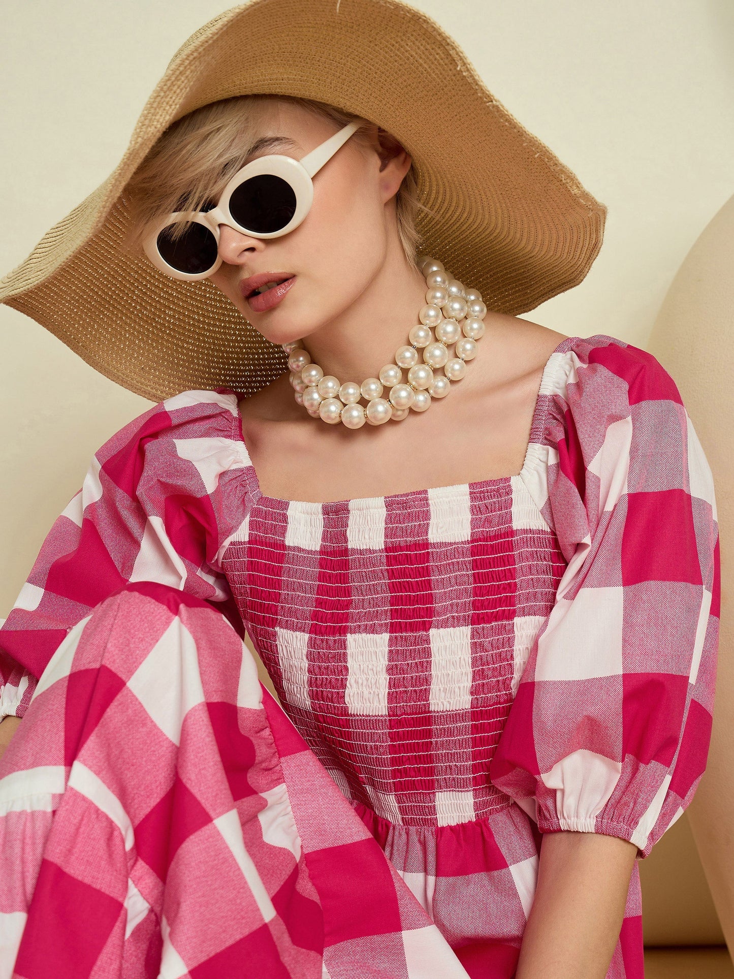 Women Pink Big Check Smoking Tired Maxi Dress