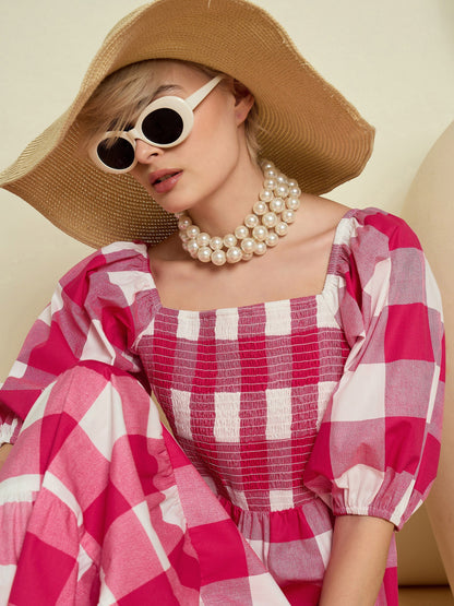 Women Pink Big Check Smoking Tired Maxi Dress