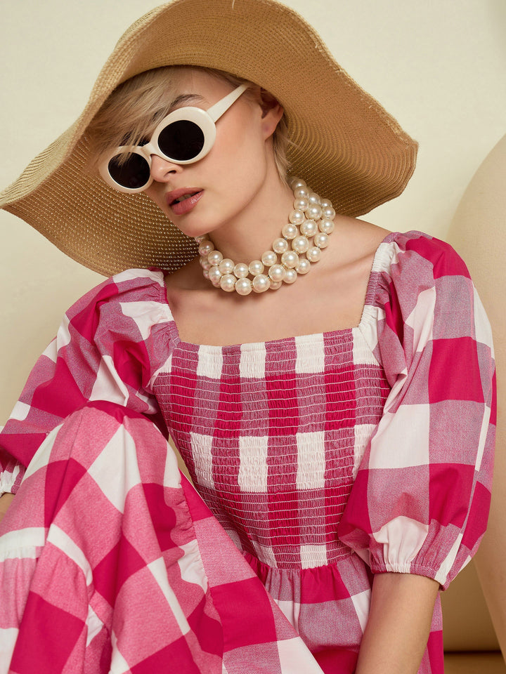 Women Pink Big Check Smoking Tired Maxi Dress