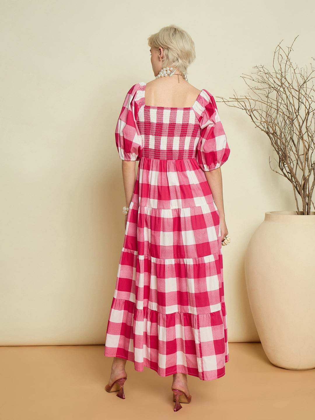 Women Pink Big Check Smoking Tired Maxi Dress