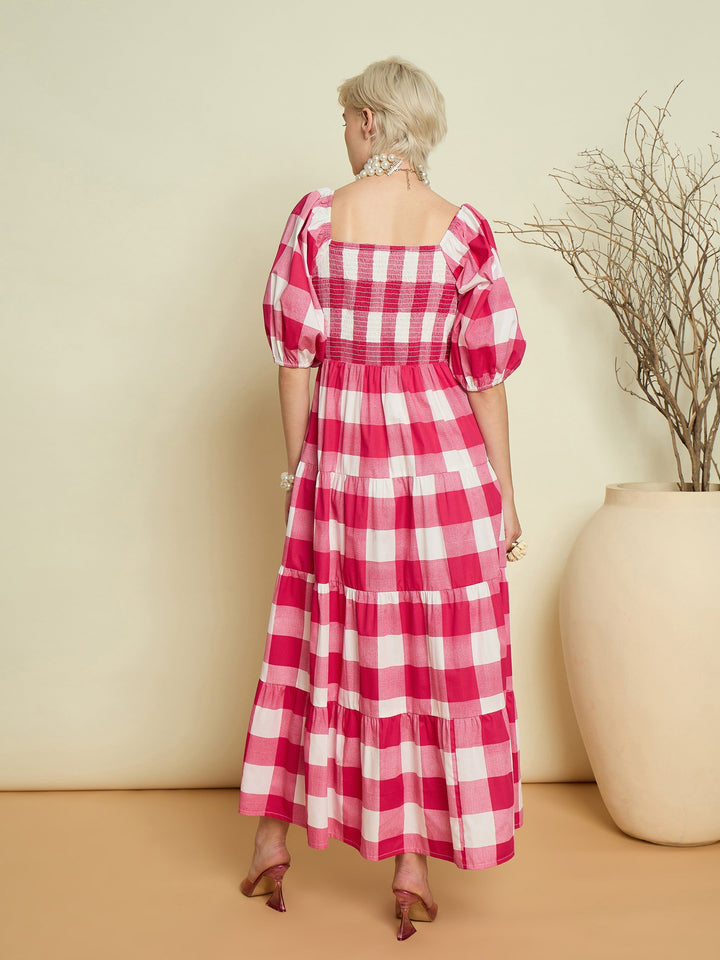 Women Pink Big Check Smoking Tired Maxi Dress