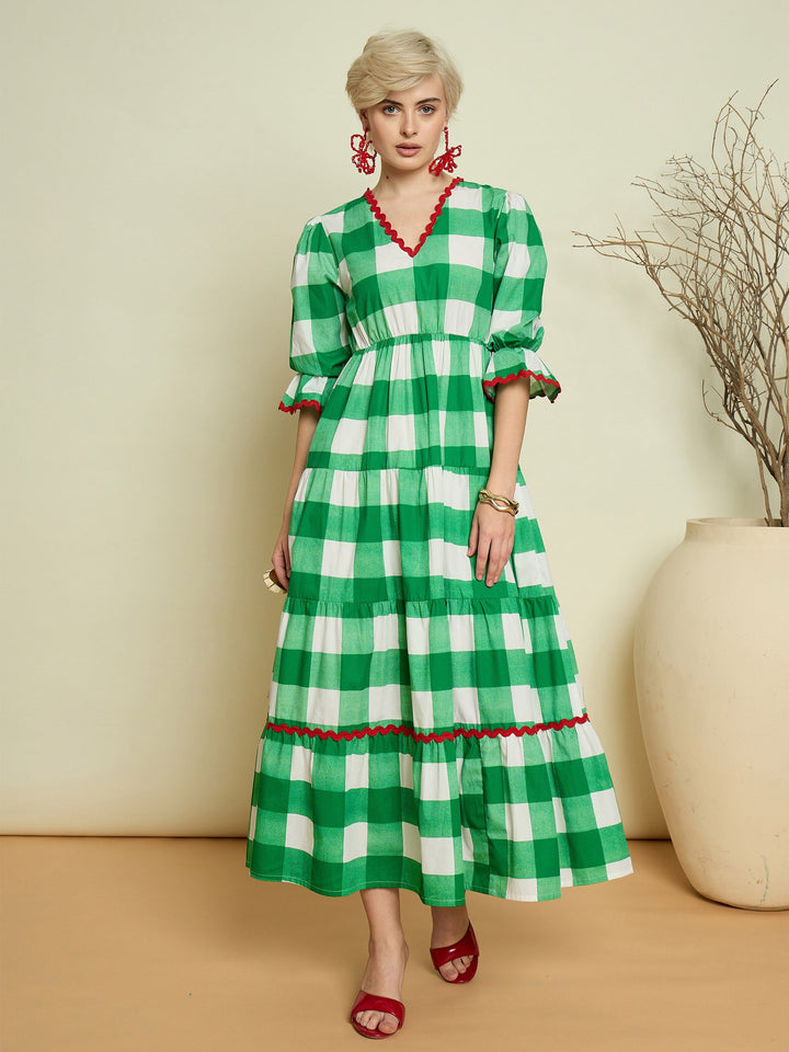 Women Green Big Check Tiered Maxi Dress