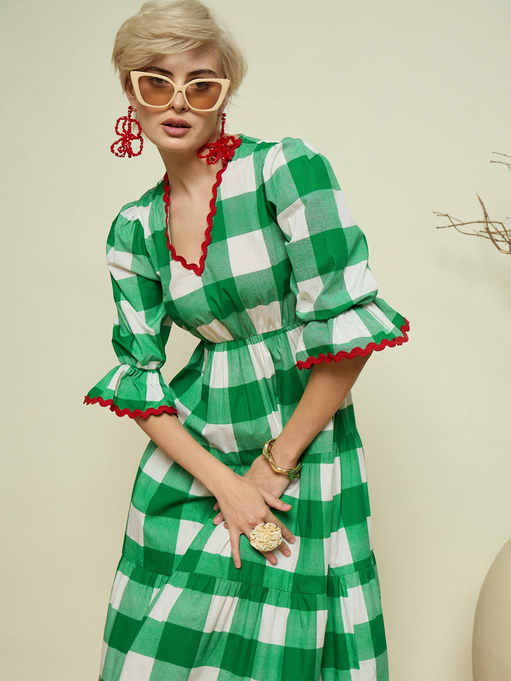 Women Green Big Check Tiered Maxi Dress