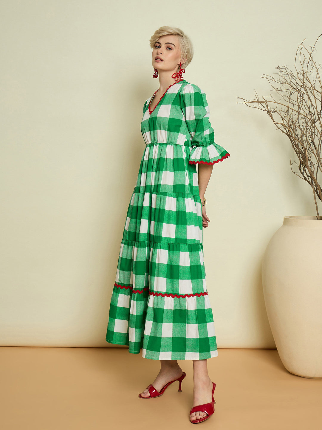 Women Green Big Check Tiered Maxi Dress
