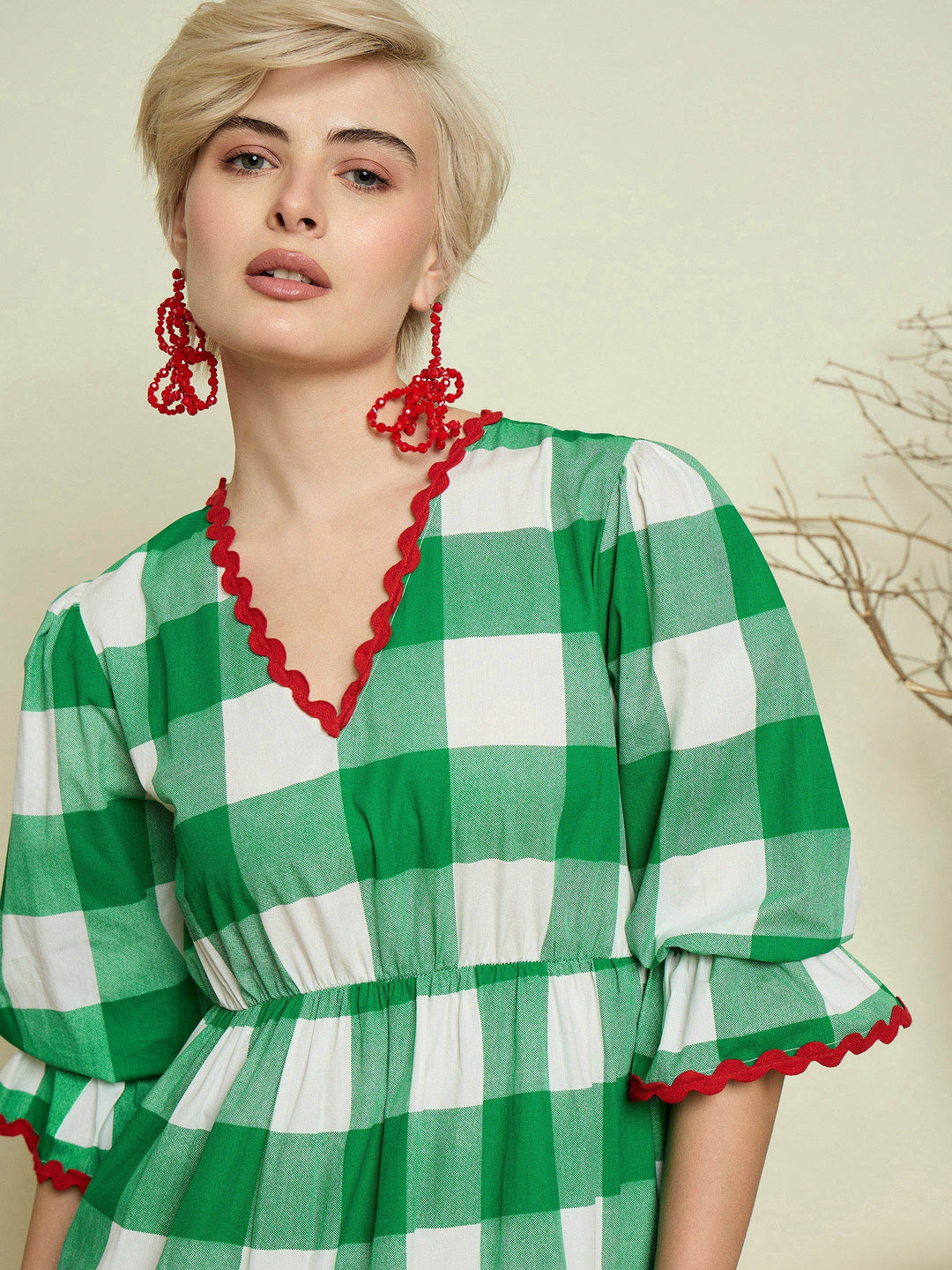 Women Green Big Check Tiered Maxi Dress