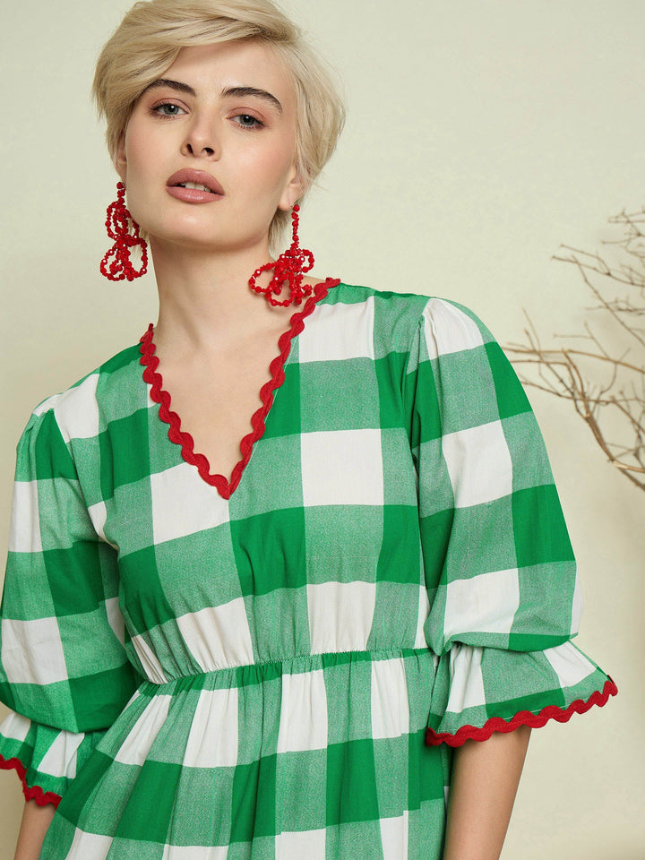 Women Green Big Check Tiered Maxi Dress