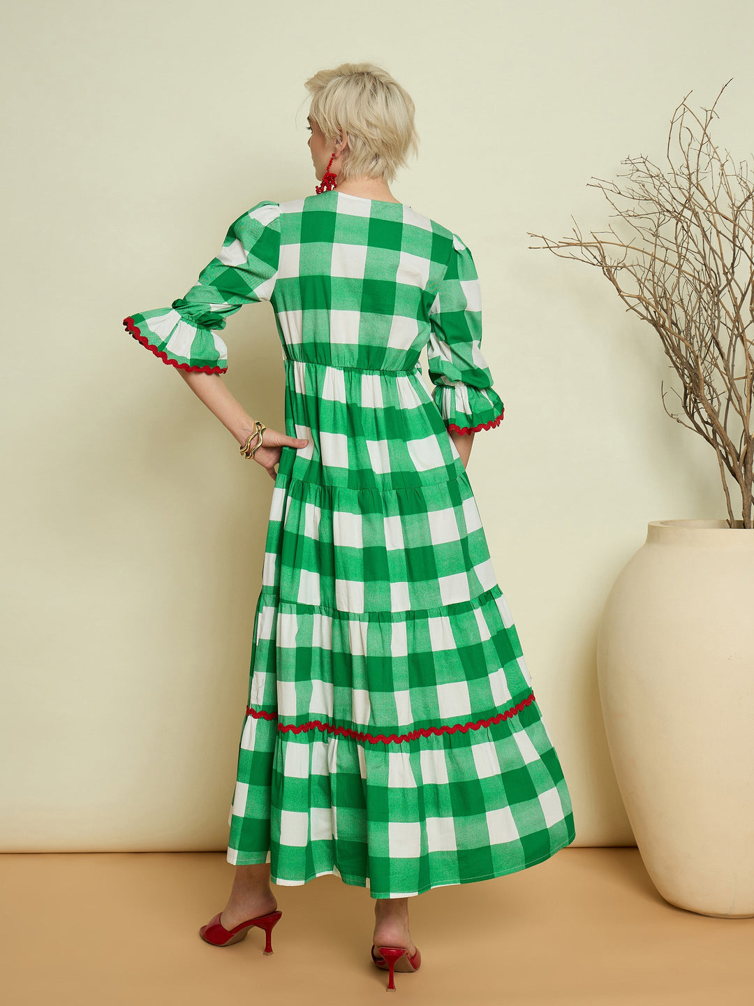Women Green Big Check Tiered Maxi Dress
