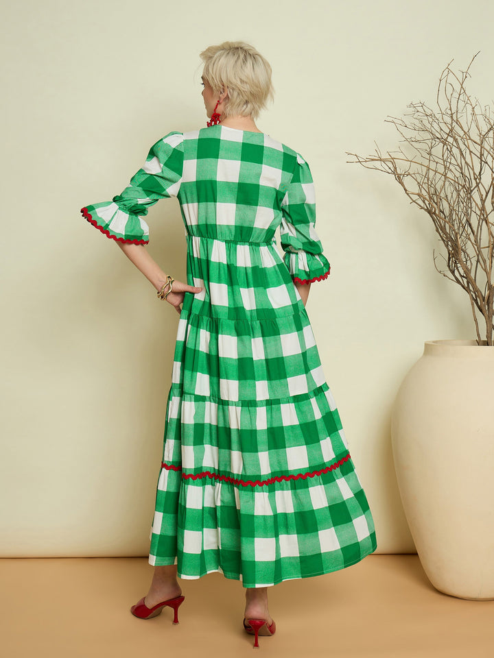 Women Green Big Check Tiered Maxi Dress