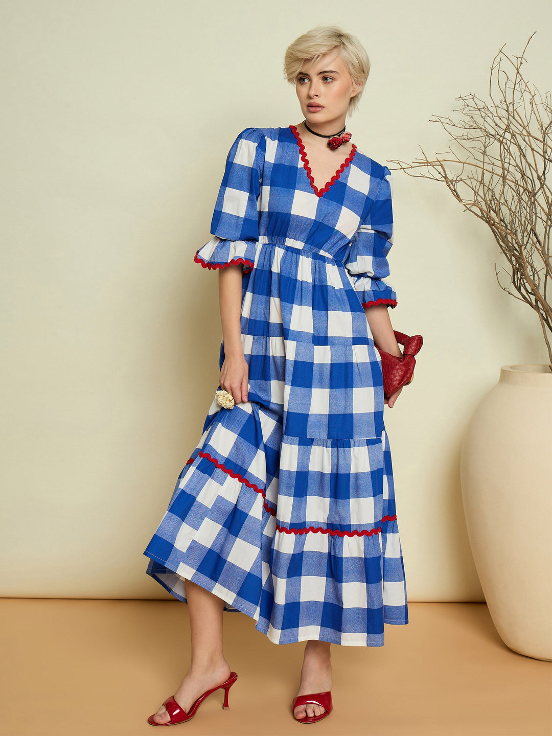 Women Blue Big Check Tiered Maxi Dress