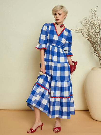 Women Blue Big Check Tiered Maxi Dress