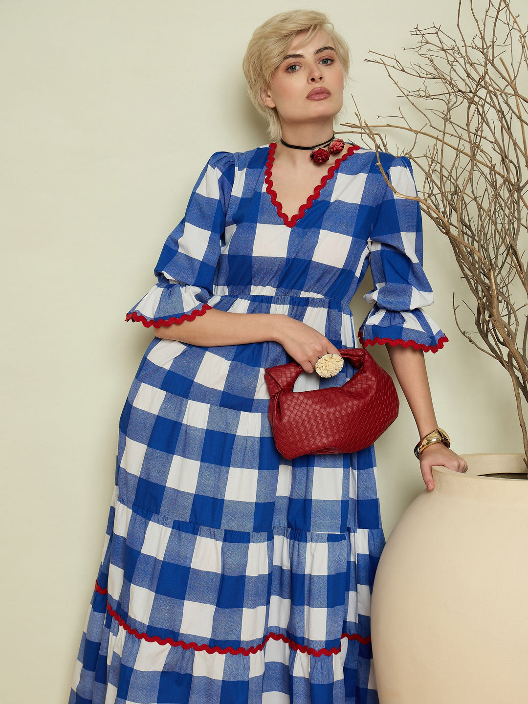 Women Blue Big Check Tiered Maxi Dress