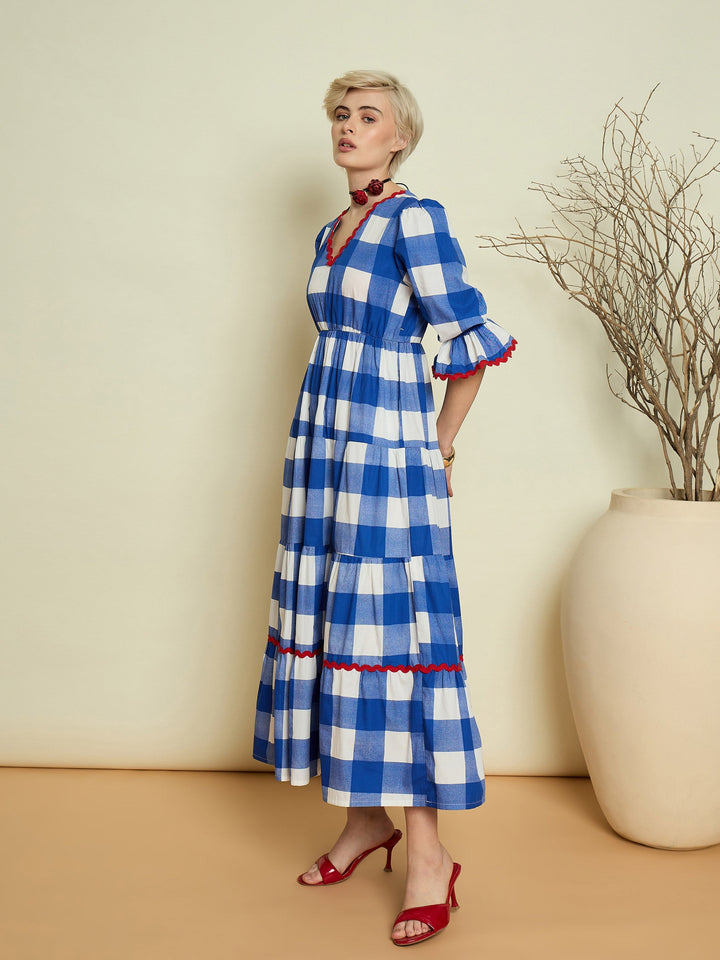 Women Blue Big Check Tiered Maxi Dress