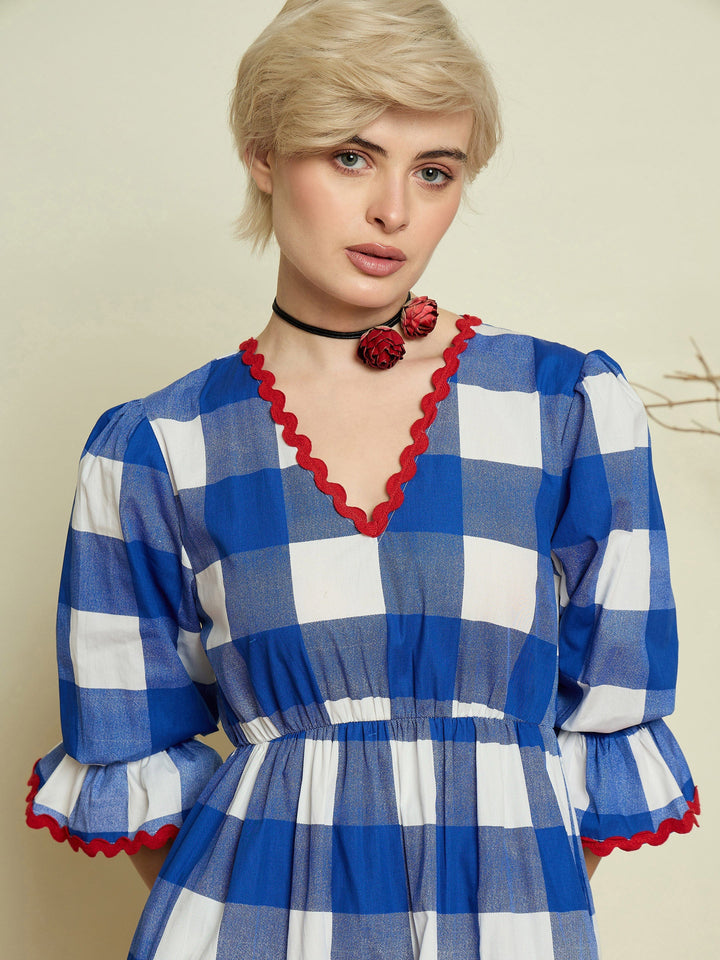 Women Blue Big Check Tiered Maxi Dress