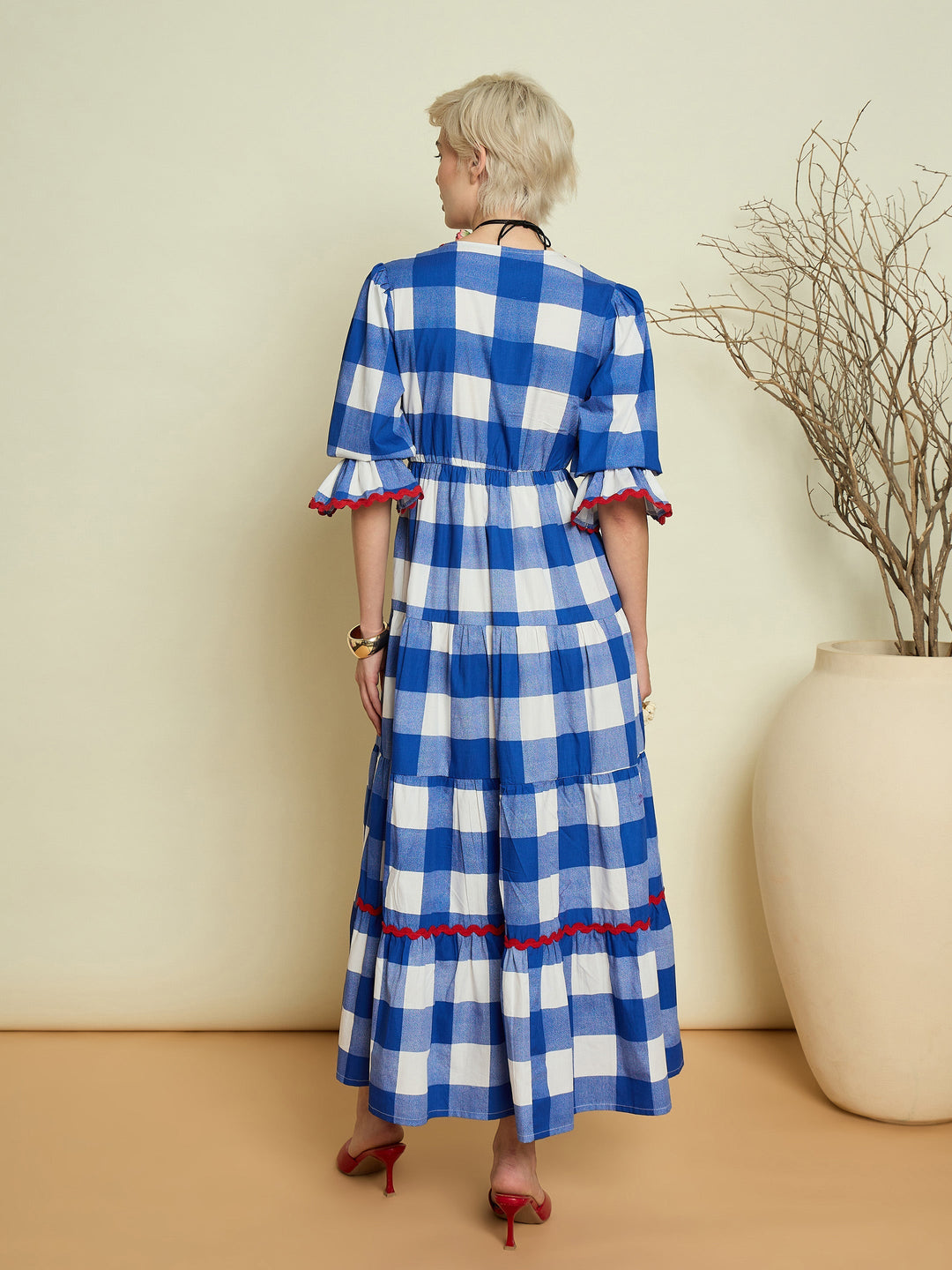 Women Blue Big Check Tiered Maxi Dress