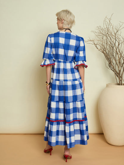 Women Blue Big Check Tiered Maxi Dress