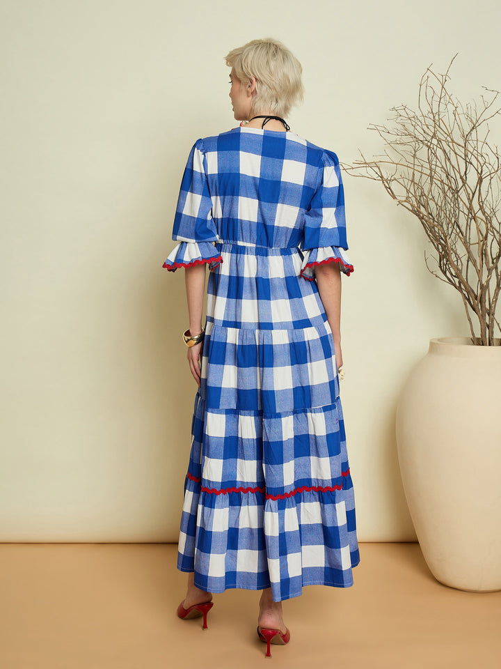 Women Blue Big Check Tiered Maxi Dress