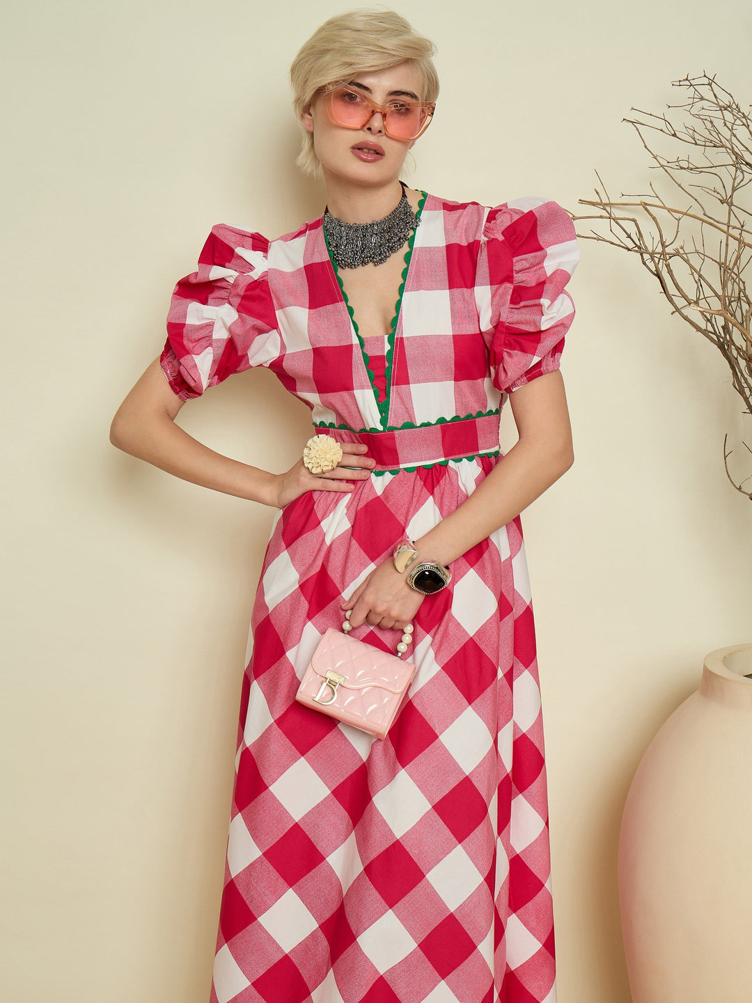 Women Pink Big Check A-Line Midi Dress