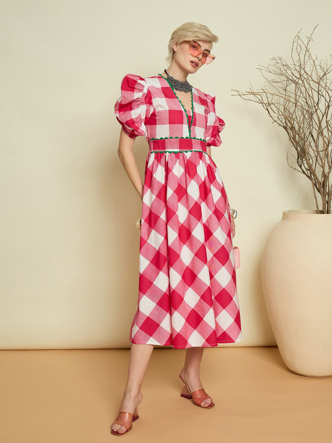 Women Pink Big Check A-Line Midi Dress