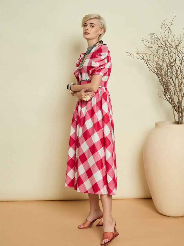 Women Pink Big Check A-Line Midi Dress