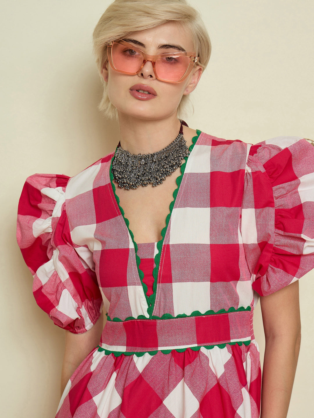 Women Pink Big Check A-Line Midi Dress
