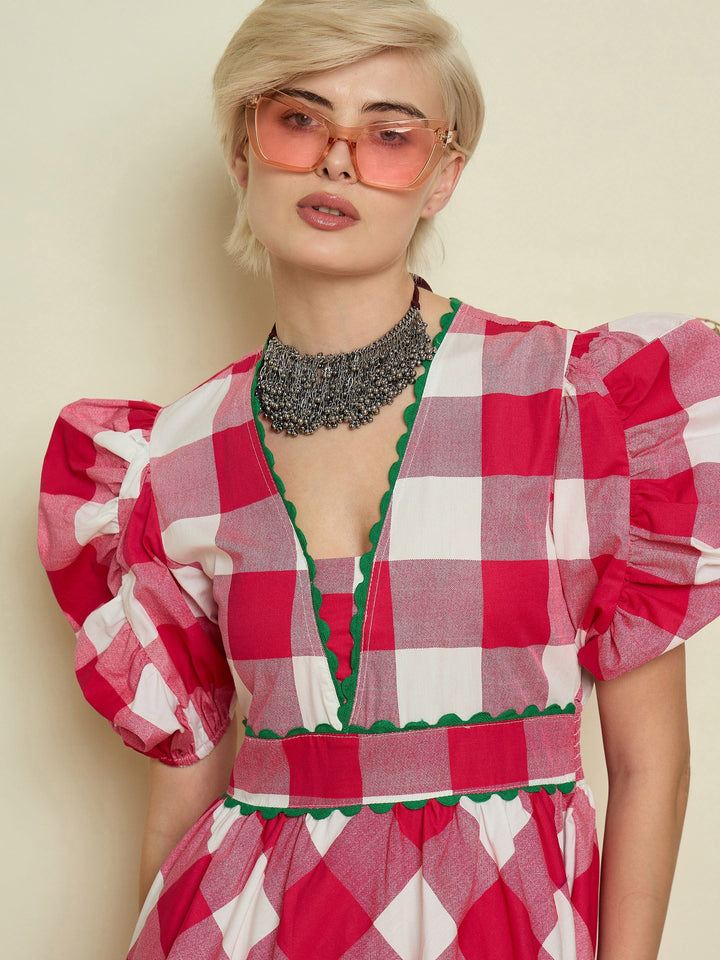 Women Pink Big Check A-Line Midi Dress