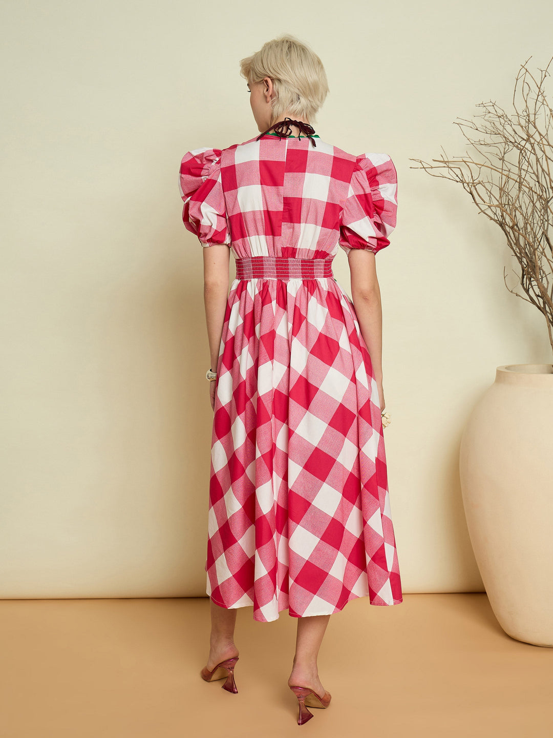 Women Pink Big Check A-Line Midi Dress