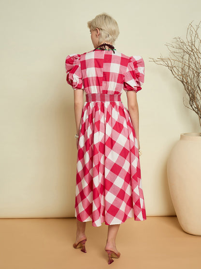 Women Pink Big Check A-Line Midi Dress