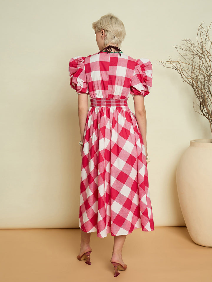 Women Pink Big Check A-Line Midi Dress